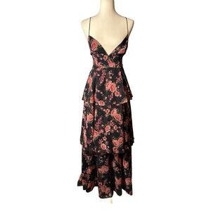 FAME & PARTNERS FLORAL MAXI DRESS OPEN BACK TIERED SKIRT US 6 EUC!